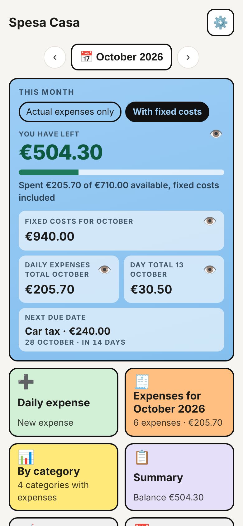 Spesa Casa main screen showing the money left this month