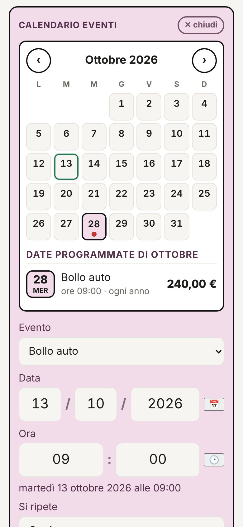 Calendario eventi